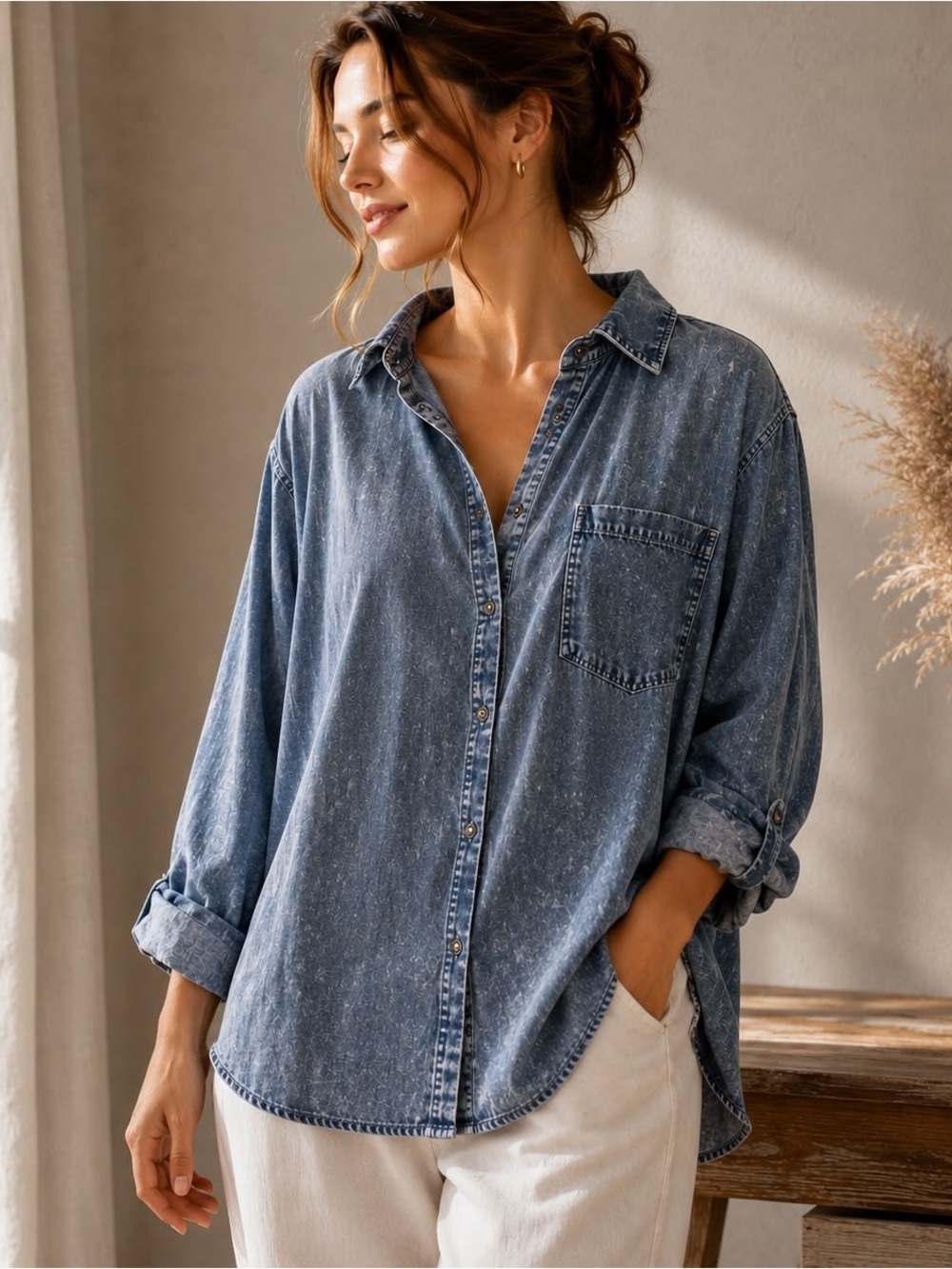 Jane + Delancey Acid Wash Lyocell Button Down Shirt Gray Blue Size L